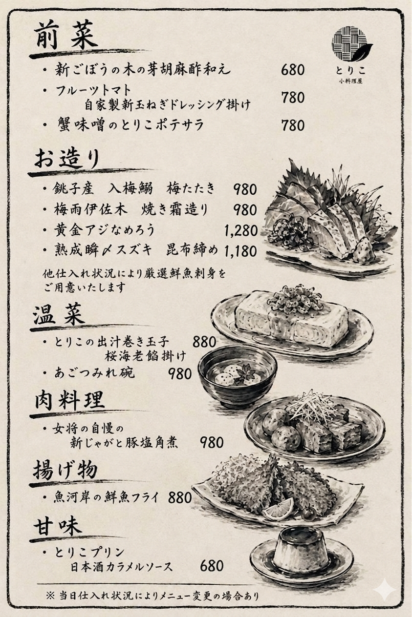 手描き風お品書き。前菜・お造り・温菜・肉料理・揚げ物・甘味と金額