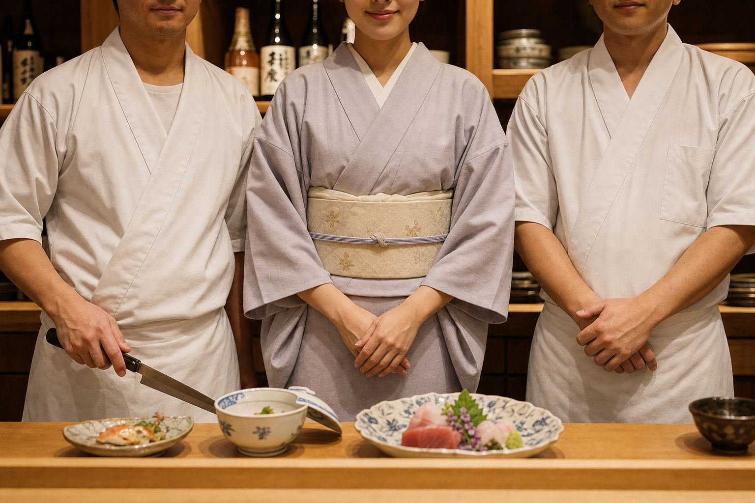 女将と料理人ふたり。口元から下のみ